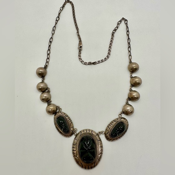 🔥 Vintage Tribal Aztec Mask Black Obsidian Silver Necklace - Picture 13 of 17